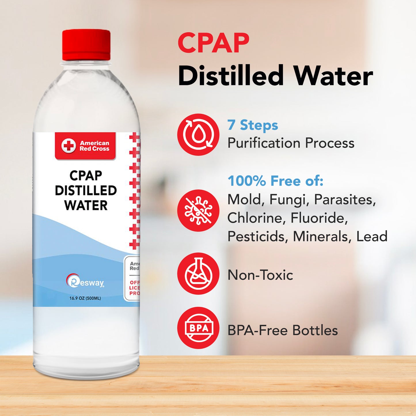 American Red Cross Distilled Water | Travel Bottles for Resmed, Respironics Machines, Personal Humidifier | Medical Supplies for Vacation | Travel-Friendly, Clean |